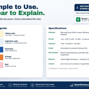 May include: A digital spreadsheet template for Microsoft Excel featuring a color guide with yellow, light blue, dark blue, orange, and red cells. The text includes Simple to Use, Clear to Explain, and a specifications list for software, format, capacity, and scope.