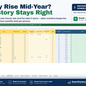 May include: A digital Excel spreadsheet template titled Pay Rise Mid-Year? History Stays Right, featuring columns for employee names, departments, hourly rates, and overtime calculations. The interface includes tabs for setup, employee logs, and monthly summaries.