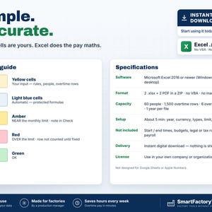 May include: A digital spreadsheet template for Excel featuring a color guide and specifications. The text includes Simple. Accurate. Yellow cells are yours. Excel does the pay maths. It lists software requirements, capacity, and setup instructions.