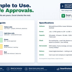 May include: A digital spreadsheet template for Microsoft Excel featuring a color guide with yellow, light blue, green, amber, and red cells. The document includes specifications for software compatibility, file format, capacity, and usage instructions for factory management.