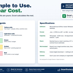 May include: A digital spreadsheet template for Excel featuring a color guide with yellow, light blue, green, amber, and red cells. The document includes specifications for software, format, capacity, hours, and usage license for factory management.