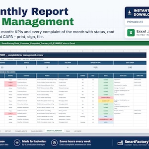Peut inclure: Un mod&egrave;le de rapport mensuel num&eacute;rique pour la direction affich&eacute; dans Excel. La feuille de calcul comprend des colonnes pour les plaintes des clients, le statut, la cause profonde et CAPA. L'en-t&ecirc;te indique Monthly Report for Management, avec une ic&ocirc;ne de t&eacute;l&eacute;chargement et un format A4. L'interface montre des donn&eacute;es pour Riverside Foods avec divers statuts.