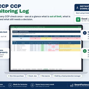 May include: A digital HACCP CCP Monitoring Log displayed on a laptop screen. The spreadsheet dashboard features columns for process data, limit values, and status indicators. Text includes 'HACCP CCP Monitoring Log', 'Automatic limit check', 'Missing checks found', and 'Weekly verification'.
