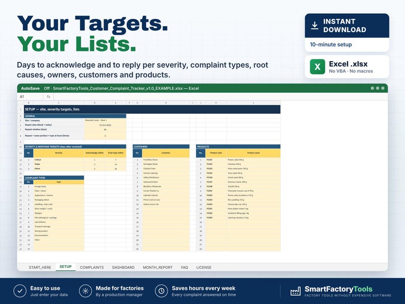 Peut inclure: Un mod&egrave;le de feuille de calcul num&eacute;rique intitul&eacute; SmartFactoryTools_Customer_Complaint_Tracker_v1.0_EXAMPLE.xlsx. L'interface affiche des colonnes pour la configuration, les objectifs de gravit&eacute;, les listes de clients et les cat&eacute;gories de produits.