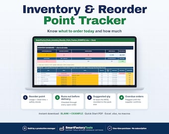 May include: A digital inventory and reorder point tracker spreadsheet displayed on a laptop screen. The interface features an inventory dashboard with color-coded cells, action items, and columns for reorder points and suggested quantities.