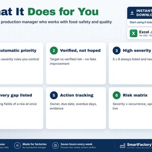 May include: A digital infographic titled What It Does for You, detailing six features of an Excel .xlsx file for production management. It lists automatic priority, verified risk, high severity, gap listing, action tracking, and risk matrix.