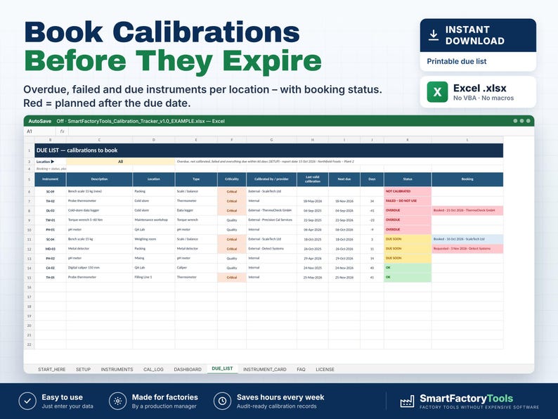 May include: A digital spreadsheet template titled Book Calibrations Before They Expire, featuring a due list for instruments with columns for location, type, criticality, and status. The interface includes color-coded cells for tracking.