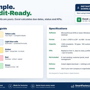 Peut inclure: Un mod&egrave;le de feuille de calcul num&eacute;rique intitul&eacute; Simple. Audit-Ready. avec un guide des couleurs pour les cellules jaunes, bleu clair, ambre, rouges et vertes. Les sp&eacute;cifications indiquent la compatibilit&eacute; Excel et le suivi des indicateurs.
