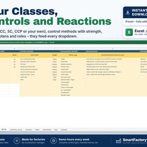 May include: A digital Excel spreadsheet template titled Your Classes, Controls and Reactions. The table displays columns for characteristic classes, control methods, strength, measurement methods, reaction plans, and responsible roles.