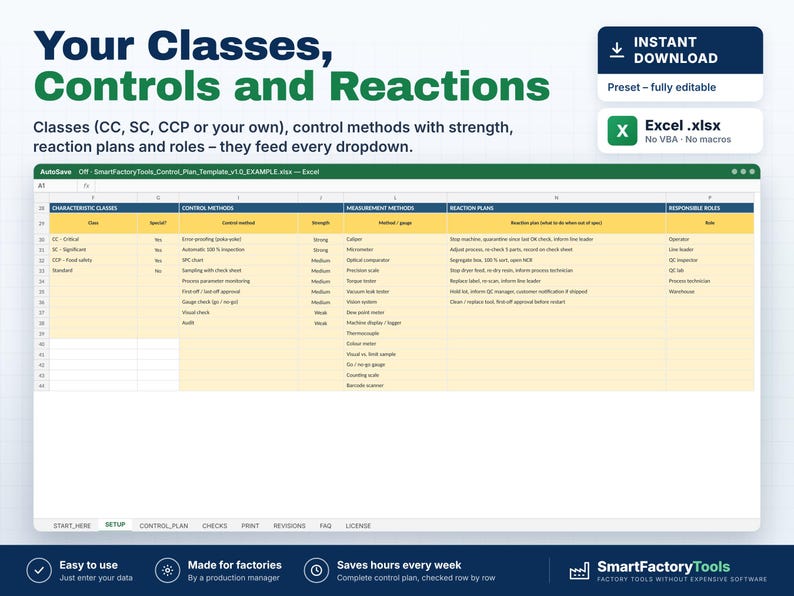 May include: A digital Excel spreadsheet template titled Your Classes, Controls and Reactions. The table displays columns for characteristic classes, control methods, strength, measurement methods, reaction plans, and responsible roles.