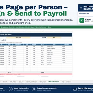 May include: A digital monthly overtime sheet template for Excel, featuring columns for date, hours, rate, multiplier, pay, and reason. The document includes a header labeled MONTHLY OVERTIME SHEET, employee name Omar Rossi, and a summary row indicating a monthly limit of 40 hours.