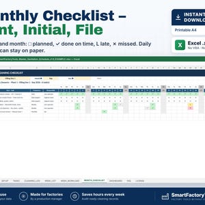 May include: A digital monthly cleaning checklist template for Excel, featuring a grid layout for tracking sanitation tasks. The spreadsheet includes columns for area, frequency, and responsible personnel, with status indicators for planned, done, late, or missed tasks.