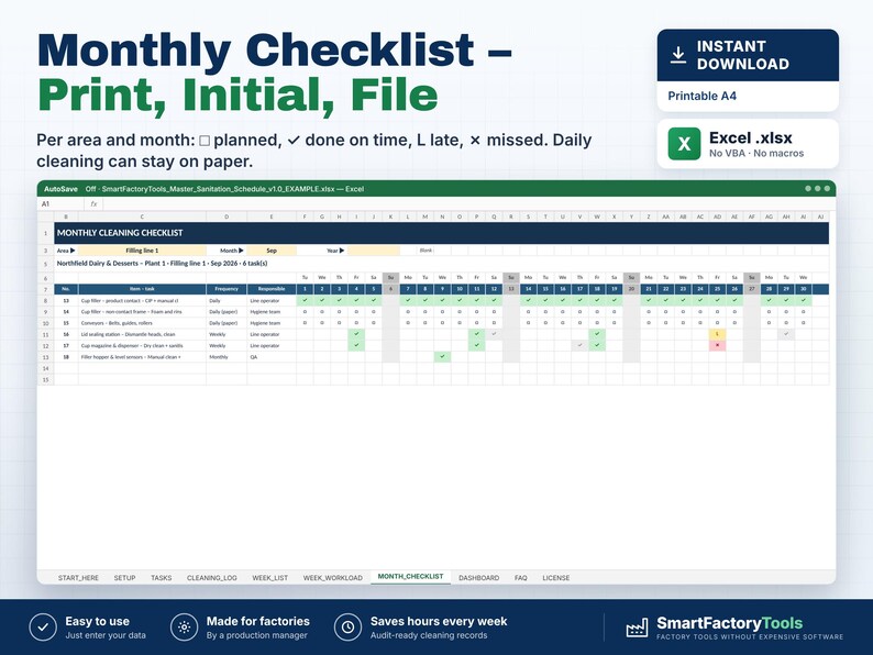 May include: A digital monthly cleaning checklist template for Excel, featuring a grid layout for tracking sanitation tasks. The spreadsheet includes columns for area, frequency, and responsible personnel, with status indicators for planned, done, late, or missed tasks.