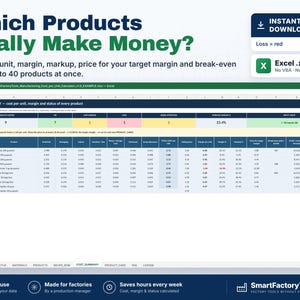 May include: A digital Excel spreadsheet template titled Which Products Really Make Money? featuring a cost summary table for up to 40 products. The interface displays columns for product costs, margins, markups, and break-even analysis with color-coded status indicators.