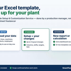 May include: An informational graphic titled Your Excel template, set up for your plant. It outlines three service tiers: Basic Setup, Standard, and Advanced, detailing specific data loading, layout customisation, and reporting features for factory management.