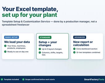 May include: An informational graphic titled Your Excel template, set up for your plant. It outlines three service tiers: Basic Setup, Standard, and Advanced, detailing specific data loading, layout customization, and reporting features for factory management.