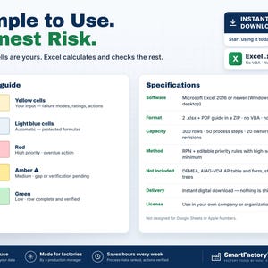 May include: A digital product infographic titled Simple to Use. Honest Risk. featuring a color guide with yellow, light blue, red, amber, and green cells. It includes a specifications list for Microsoft Excel software and an instant download button.