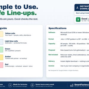 K&ouml;nnte beinhalten: Eine digitale Excel-Tabellenvorlage f&uuml;r Fabrik-Einsatzpl&auml;ne mit dem Titel Simple to Use. Safe Line-ups. Sie enth&auml;lt einen Farbcode f&uuml;r Zellen, technische Spezifikationen f&uuml;r Microsoft Excel 2016 oder neuer und einen Sofort-Download-Hinweis.