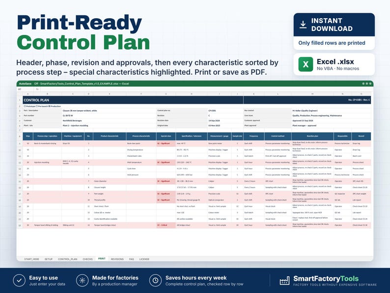 May include: A digital control plan template for Excel displayed on a screen. The document features a dark blue header, white rows, and light red highlighted rows for special characteristics. Text includes Control Plan, process steps, and technical data.