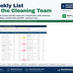May include: A digital spreadsheet titled Weekly List for the Cleaning Team, displayed in an Excel interface. The table includes columns for task, area, frequency, status, chemical concentration, contact time, PPE, and verification requirements.