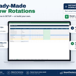May include: A digital spreadsheet displayed on a laptop screen titled Ready-Made Crew Rotations. The interface features columns for shift scheduling, 8 and 12 hour options, 24/7 or weekday cycles, and custom sequences for factory management.