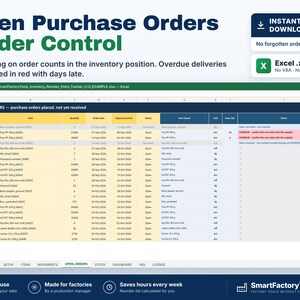 May include: A digital spreadsheet template titled Open Purchase Orders Under Control, featuring an Excel interface for tracking inventory, purchase order numbers, quantities, dates, and delivery statuses with red-highlighted overdue items.