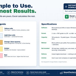 Puede incluir: Una hoja de informaci&oacute;n de producto digital titulada Simple to Use. Honest Results. Incluye una gu&iacute;a de colores para celdas de Excel, como amarillo, azul claro, naranja, &aacute;mbar y rojo, junto a una tabla de especificaciones para Excel.