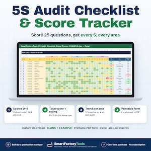 May include: A digital 5S Audit Checklist & Score Tracker displayed on a laptop screen. The spreadsheet features rows of data with color-coded scores, trend indicators, and columns for 25 questions. Four white boxes below summarize features.