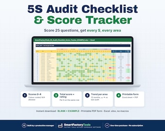 May include: A digital 5S Audit Checklist & Score Tracker displayed on a laptop screen. The spreadsheet features rows of data with color-coded scores, trend indicators, and columns for 25 questions. Four white boxes below summarize features.