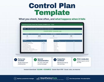 May include: A digital control plan template displayed on a laptop screen, featuring columns for characteristics, inspection frequency, and failure outcomes. The interface includes sections for checks, special characteristics, and inspection workload.