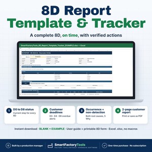May include: An 8D Report Template & Tracker displayed on a laptop screen. The digital spreadsheet includes D0 to D8 status, customer deadlines, occurrence and non-detection tracking, and a 2-page customer report format for Excel.