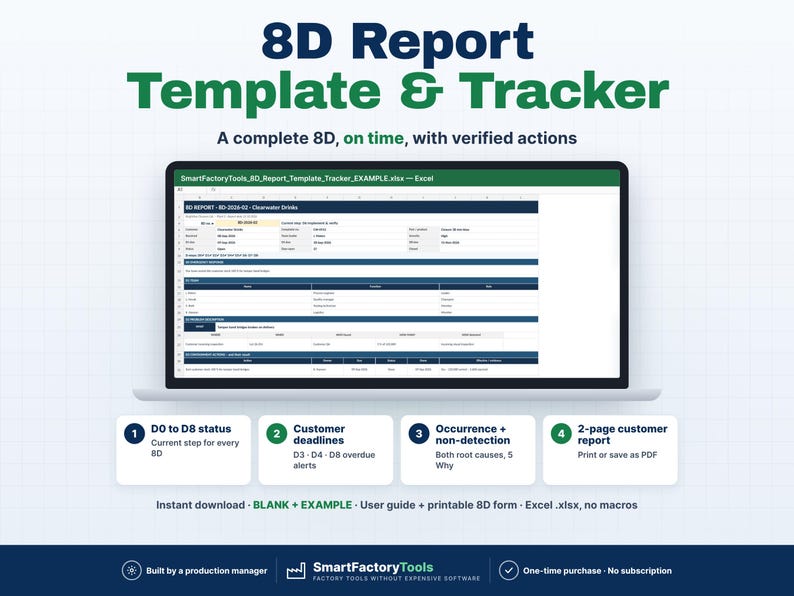 May include: An 8D Report Template & Tracker displayed on a laptop screen. The digital spreadsheet includes D0 to D8 status, customer deadlines, occurrence and non-detection tracking, and a 2-page customer report format for Excel.