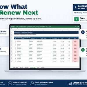 Op de afbeelding: Een digitaal Excel-spreadsheet-sjabloon voor het bijhouden van vervaldata van werknemerscertificeringen, weergegeven op een laptopscherm. De interface bevat kolommen voor namen van werknemers, afdelingen, trainingstypes en vervaldata.