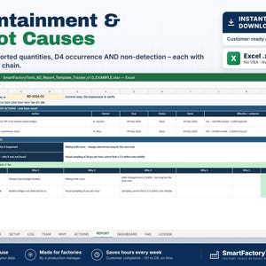 May include: A digital spreadsheet template for 8D reports titled Containment & Root Causes. The Excel interface displays D3 containment actions and D4 root causes with 5 Why chains, including columns for action, owner, due date, status, and evidence.