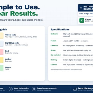 Op de afbeelding: Een digitaal spreadsheet-sjabloon voor Excel met een kleurengids met gele, lichtblauwe, rode, amberkleurige en groene cellen. De tekst bevat Simple to Use. Clear Results. en specificaties voor softwarecompatibiliteit en formaat.