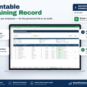 K&ouml;nnte beinhalten: Eine digitale Vorlage f&uuml;r Mitarbeiterschulungsunterlagen auf einem Laptop-Bildschirm. Die Tabelle enth&auml;lt Spalten f&uuml;r Schulungscodes, Beschreibungen, Kategorien, Daten und Statusanzeigen. Der Text umfasst Printable Training Record, Pick an employee, Required first, Dates & status und Sign-off lines.