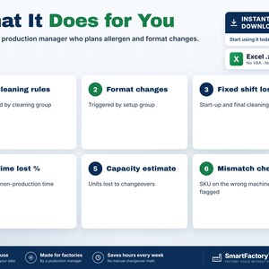 May include: A digital production management tool infographic titled What It Does for You. It lists six features: Cleaning rules, Format changes, Fixed shift losses, Time lost %, Capacity estimate, and Mismatch check, with an Excel file icon.