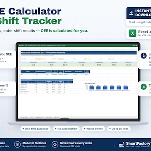 OEE-Rechner-Excel-Vorlage, Schicht-OEE-Tracker mit Ausfallzeitprotokoll, Verfügbarkeits-, Leistungs- und Qualitätsanalyse sowie Pareto-Analyse