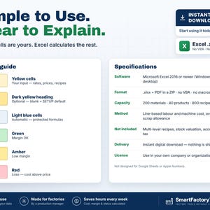 May include: A digital product information sheet titled Simple to Use. Clear to Explain. It features a color guide with yellow, light blue, green, amber, and red cells, and a specifications table for Microsoft Excel 2016 or newer software.