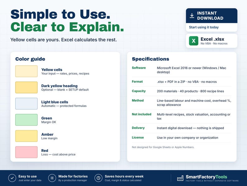 May include: A digital product information sheet titled Simple to Use. Clear to Explain. It features a color guide with yellow, light blue, green, amber, and red cells, and a specifications table for Microsoft Excel 2016 or newer software.