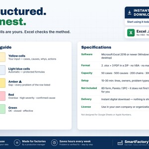 May include: A digital product information sheet titled Structured. Honest. featuring a color guide with yellow, light blue, amber, red, and green cells. The specifications list software requirements, file formats, capacity, and setup details for Excel.