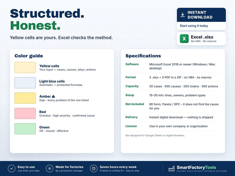 May include: A digital product information sheet titled Structured. Honest. featuring a color guide with yellow, light blue, amber, red, and green cells. The specifications list software requirements, file formats, capacity, and setup details for Excel.