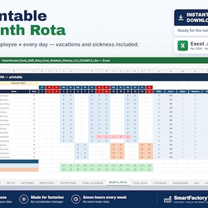 May include: A digital printable month rota spreadsheet template for Excel. The interface displays a grid for employee shift scheduling, including columns for names, crew assignments, hours, and absences, with color-coded cells for planning.