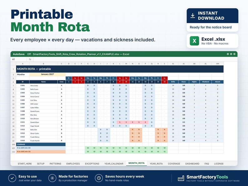 May include: A digital printable month rota spreadsheet template for Excel. The interface displays a grid for employee shift scheduling, including columns for names, crew assignments, hours, and absences, with color-coded cells for planning.