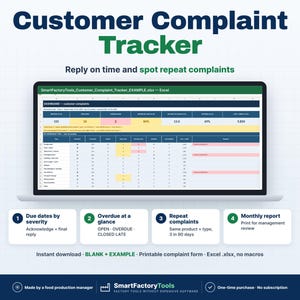 Peut inclure: Un tableur num&eacute;rique de suivi des plaintes clients affich&eacute; sur un &eacute;cran d'ordinateur portable. L'interface pr&eacute;sente un tableau de bord avec des tableaux de donn&eacute;es, des cellules cod&eacute;es par couleur et quatre &eacute;tapes num&eacute;rot&eacute;es pour le suivi des d&eacute;lais.