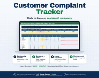 May include: A digital Customer Complaint Tracker spreadsheet displayed on a laptop screen. The interface features a dashboard with data tables, color-coded cells, and four numbered steps for tracking due dates, overdue items, repeat complaints, and monthly reports.
