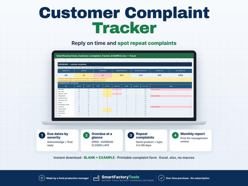 Peut inclure: Un tableur num&eacute;rique de suivi des plaintes clients affich&eacute; sur un &eacute;cran d'ordinateur portable. L'interface pr&eacute;sente un tableau de bord avec des tableaux de donn&eacute;es, des cellules cod&eacute;es par couleur et quatre &eacute;tapes num&eacute;rot&eacute;es pour le suivi des d&eacute;lais.