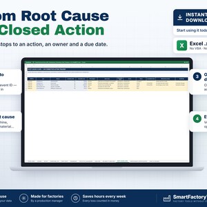 以下が含まれることがあります： ノートパソコンの画面に表示されたRoot Cause & Link Corrective Action Trackerというタイトルのデジタルスプレッドシートテンプレート。インターフェースにはイベントID、根本原因、所有者、期限の列があり、周囲に説明テキストボックスが配置されています。