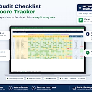 May include: A digital 5S Audit Checklist and Score Tracker displayed on a laptop screen. The interface shows a color-coded Excel spreadsheet with rows of data, columns for scores, and trend indicators. Includes labels for instant download and features.