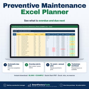 May include: A Preventive Maintenance Excel Planner displayed on a laptop screen, featuring a task list with columns for equipment, frequency, and due dates. The interface includes color-coded status alerts, automatic due dates, and a 12-week annual plan.